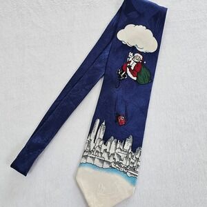 Mens Santa Claus City Skyline Christmas Silk Necktie Navy Blue Holiday Tie